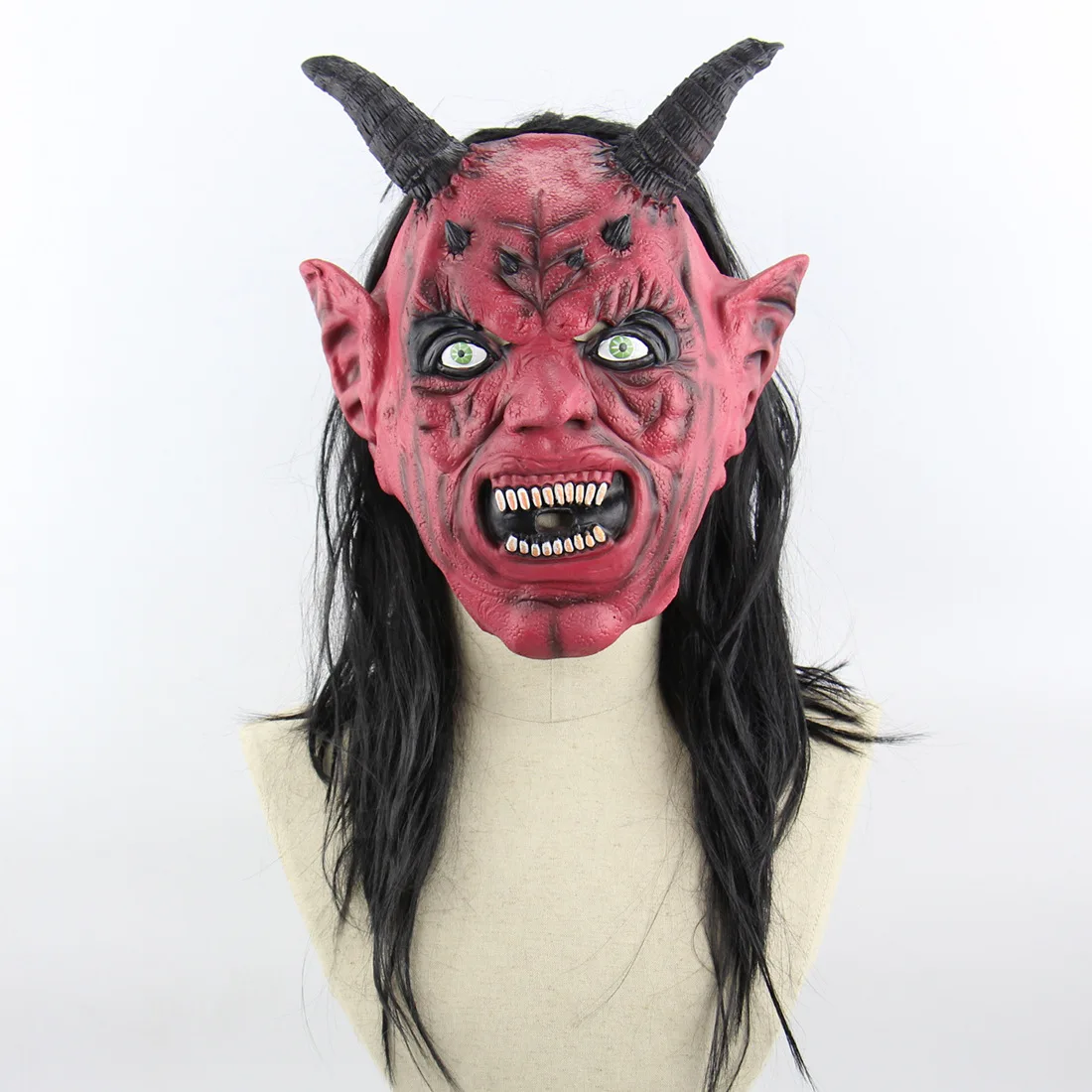 

Devil Latex Mask Headgear, Wig Mask With Horns Halloween Decoration Demon Face Mask Horror Free Shipping
