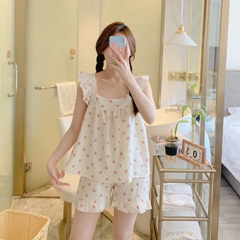 Summer 2023 new pajama women's woven wrinkled foam camisole single women's loungewear set can be worn outside