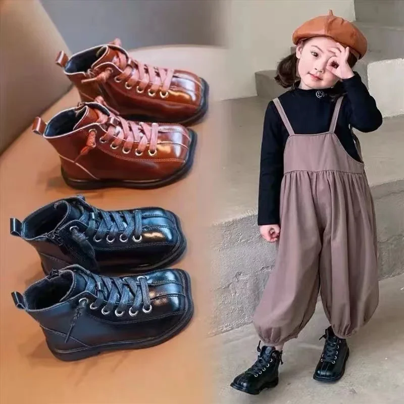 Fashionable Girls' English Style Short Boots Children's Leather Shoes Soft Soled Warm and Non Slip Girls'  Boots