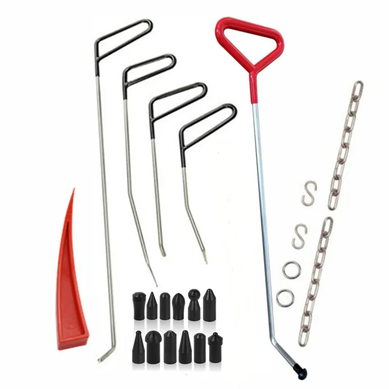 Car Dent Removal Rods Tools Dent Repair Kit 6 pcs Rod hook C push hooks red wedges Iron chain