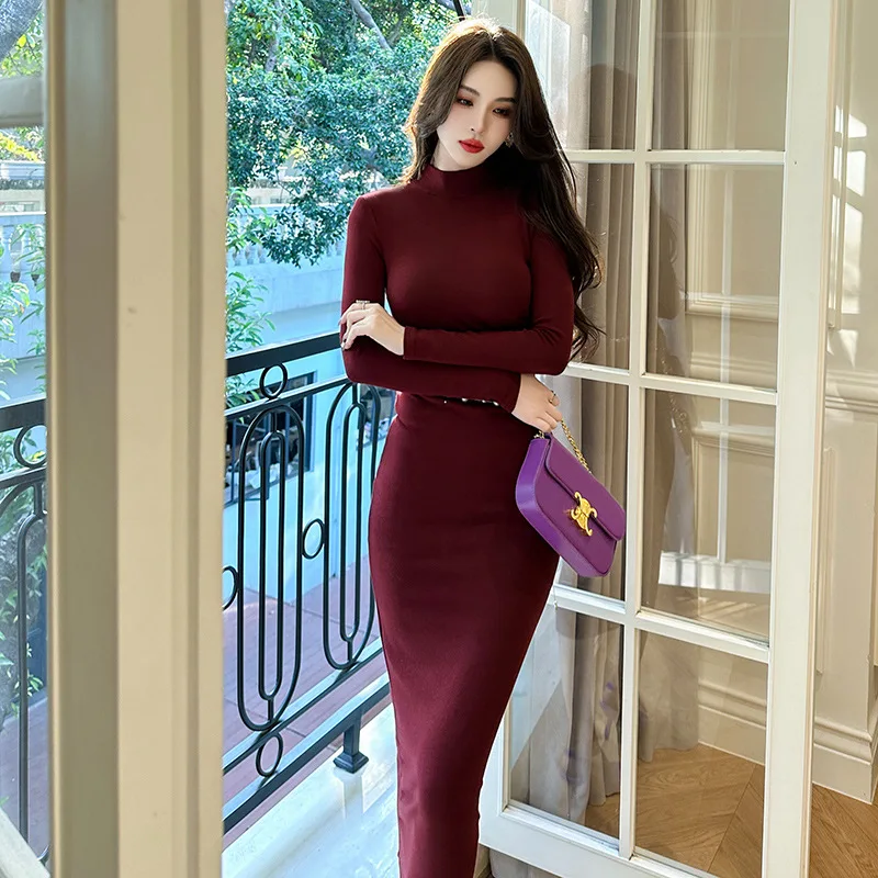 Women's Dress Solid Color O-neck Add Fleece and Thicken Casual Stretch Bottoming Dress Long Sleeve Temperament Slim Sexy Dress