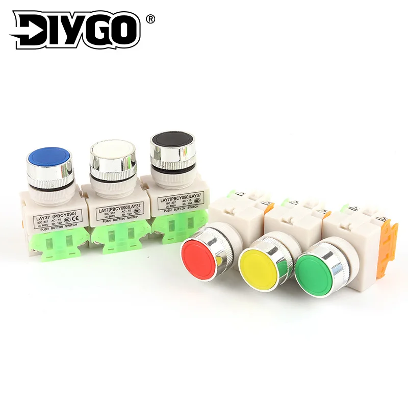 

22mm LAY37 Self-locking Self-reset Push button switches Red Green Blue Yellow White Black 1NO 1NC 10A250VAC DIY GO