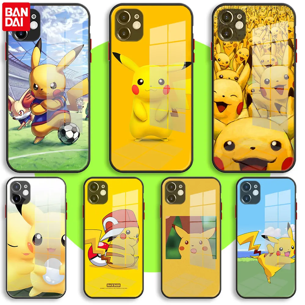 

BANDAI Black Soft Glass Case For iPhone 13 11 12 Mini Pro Max XS XR X 7 8 6 Plus SE2 Silicone Protection Cover pikachu meme