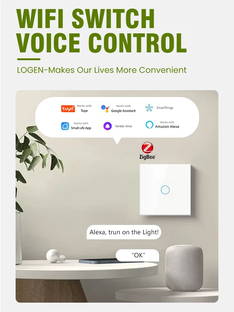 LOGEN Tuya Zigbee Smart Socket Touch Switch Голосовое управление Таймер Расписание Alexa Стеклянная