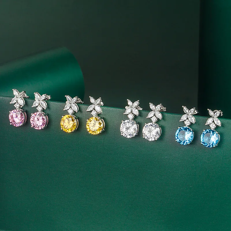 

S925 Silver Needle Double Horse Eye Pink Diamond Earrings Set with Yellow Diamonds Korean Version Earrings Shiny Zircon Earrings