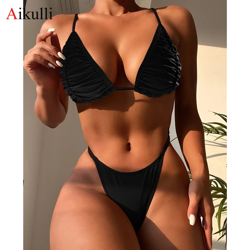

Sexy Thong Bikinis Swimsuits Women Tether Halter Folds Beach Bikini Set Push Up Brazil Biquini Bathing Suits 2022 Black Swimwear