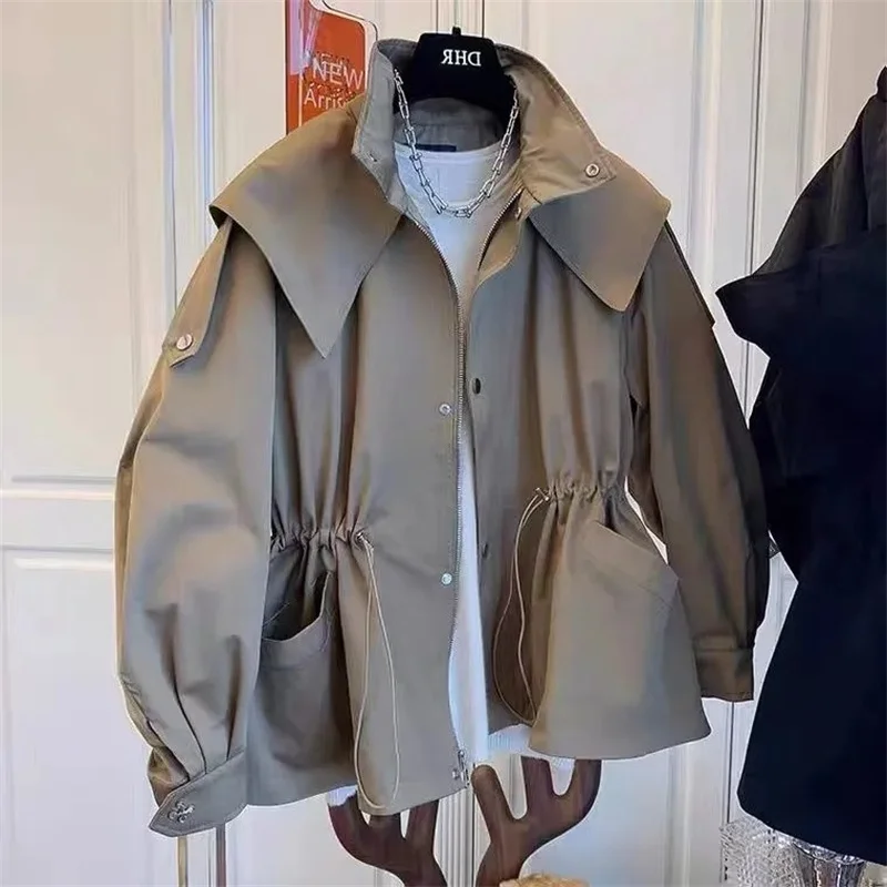 Женская ветровка с капюшоном Короткая свободная приталенная воротником-поло в