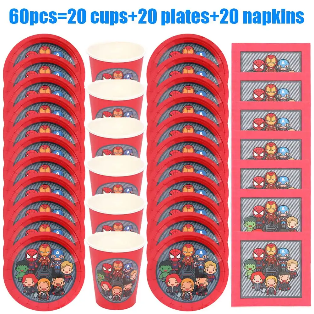 

60pcs Hot Red Avenger Themed Tableware Set Plate Cup Napkin Superhero Party Decorations Baby Shower Boys Birthday Party Supplies
