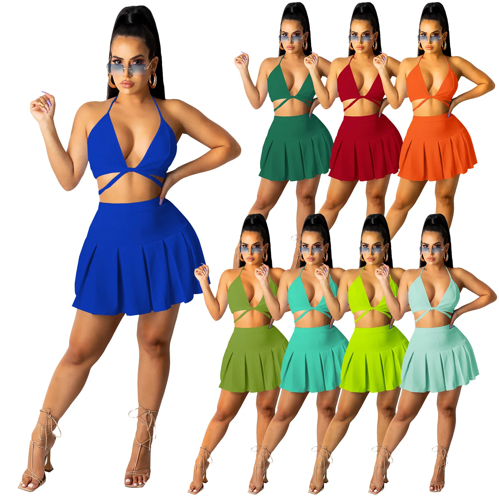 

2022 summer new women's dress suspender neck bra wrap chest fold fashion sexy beach two-piece dress for women