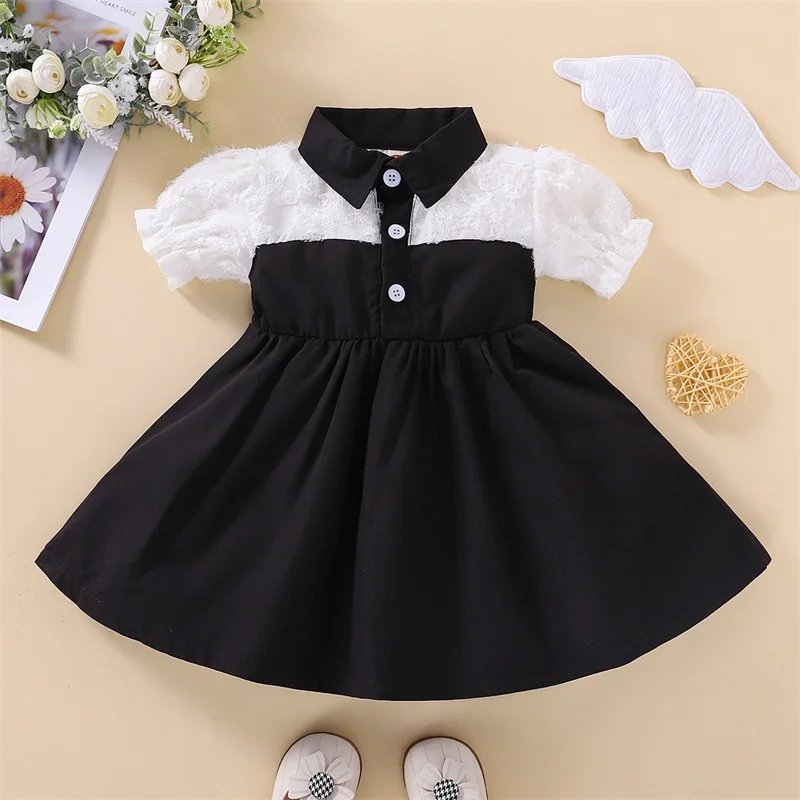 

Blotona Baby Dress, Contrast Color Turn-Down Collar Short Puff Sleeve Dress with Buttons for Summer, 0-18 Months