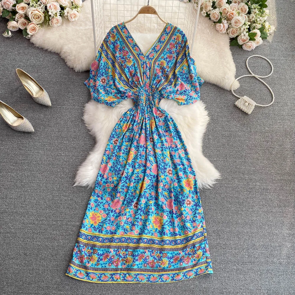 

Boho Loose v neck vintage floral print long Dress Summer Party batwing sleeve vestidos Women elegant beach holiday tunic Dress