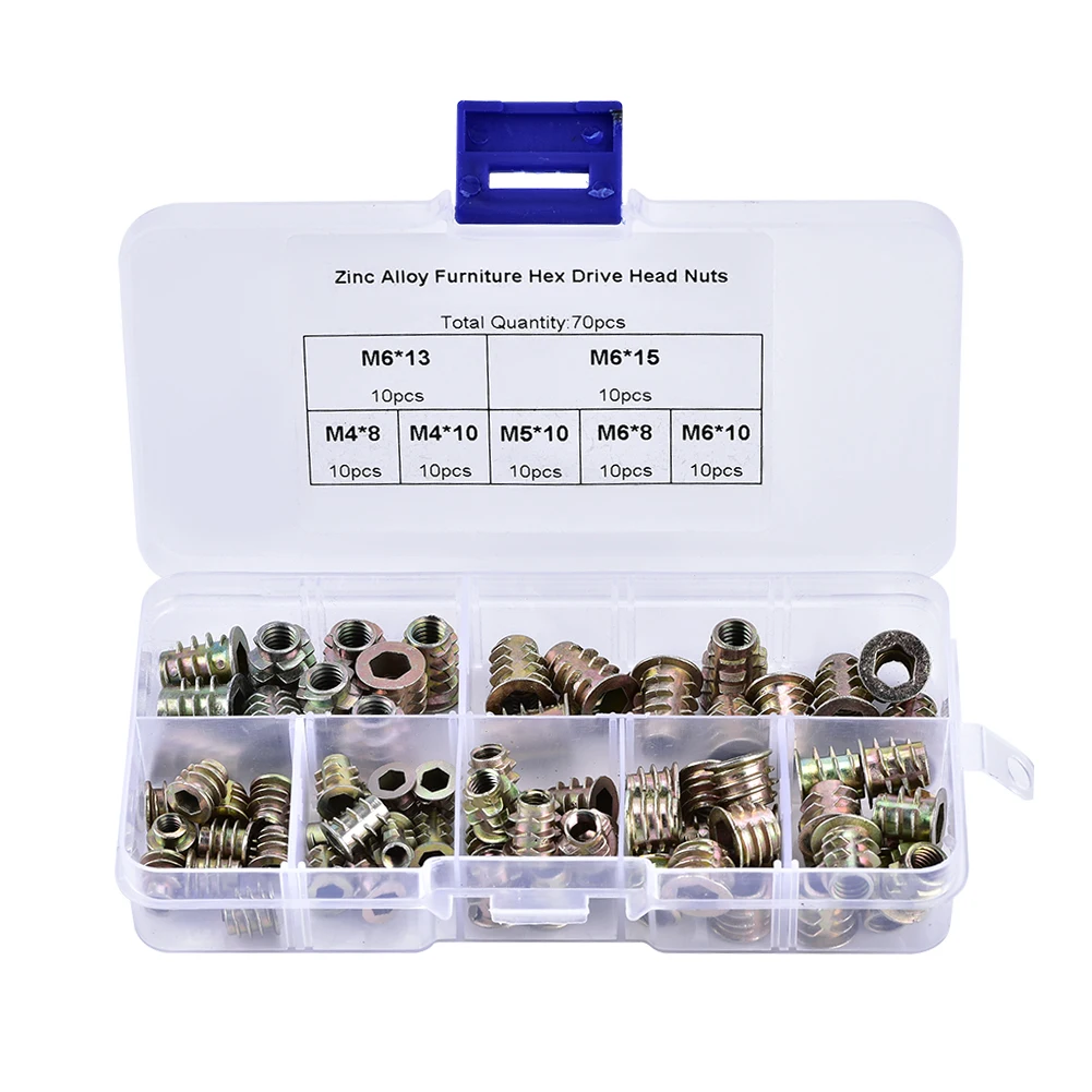

70pcs M4/M5/M6 Zinc Alloy Furniture Hex Drive Head Insert Nuts Set