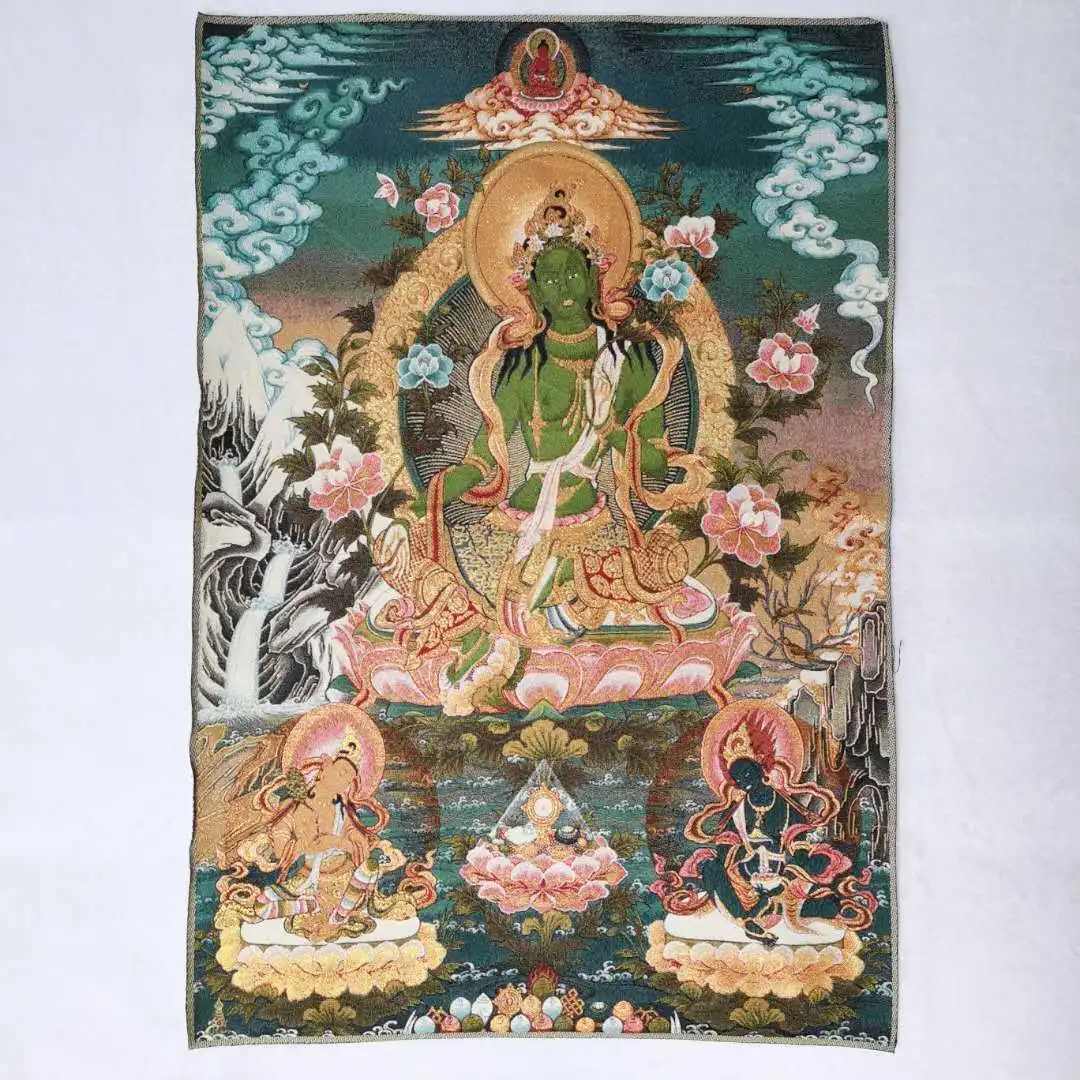 

36" Tibet Tibetan Cloth Silk Green Tara Guanyin Kwan-yin Tangka Thangka 3578