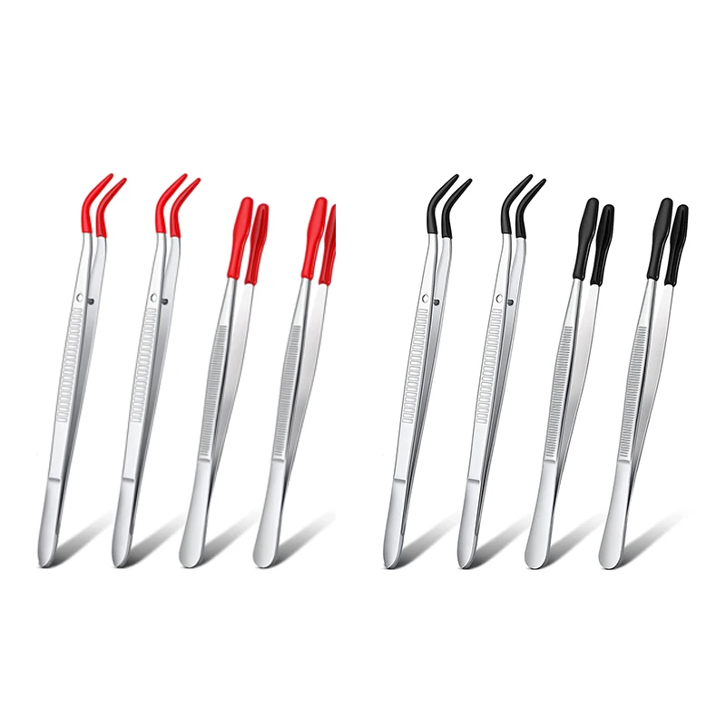 

2Pcs Elbow And 2Pcs Flat Tip Tweezers Coated Laboratory Hobby Jewelry Craft Tools Stainless Steel Tweezers