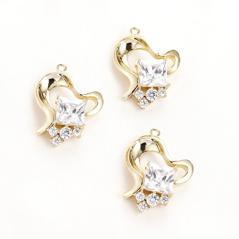 

2pcs copper clad 14K gold inlaid inclined peach heart zircon ribbon Love Pendant DIY hand made jewelry accessories materials