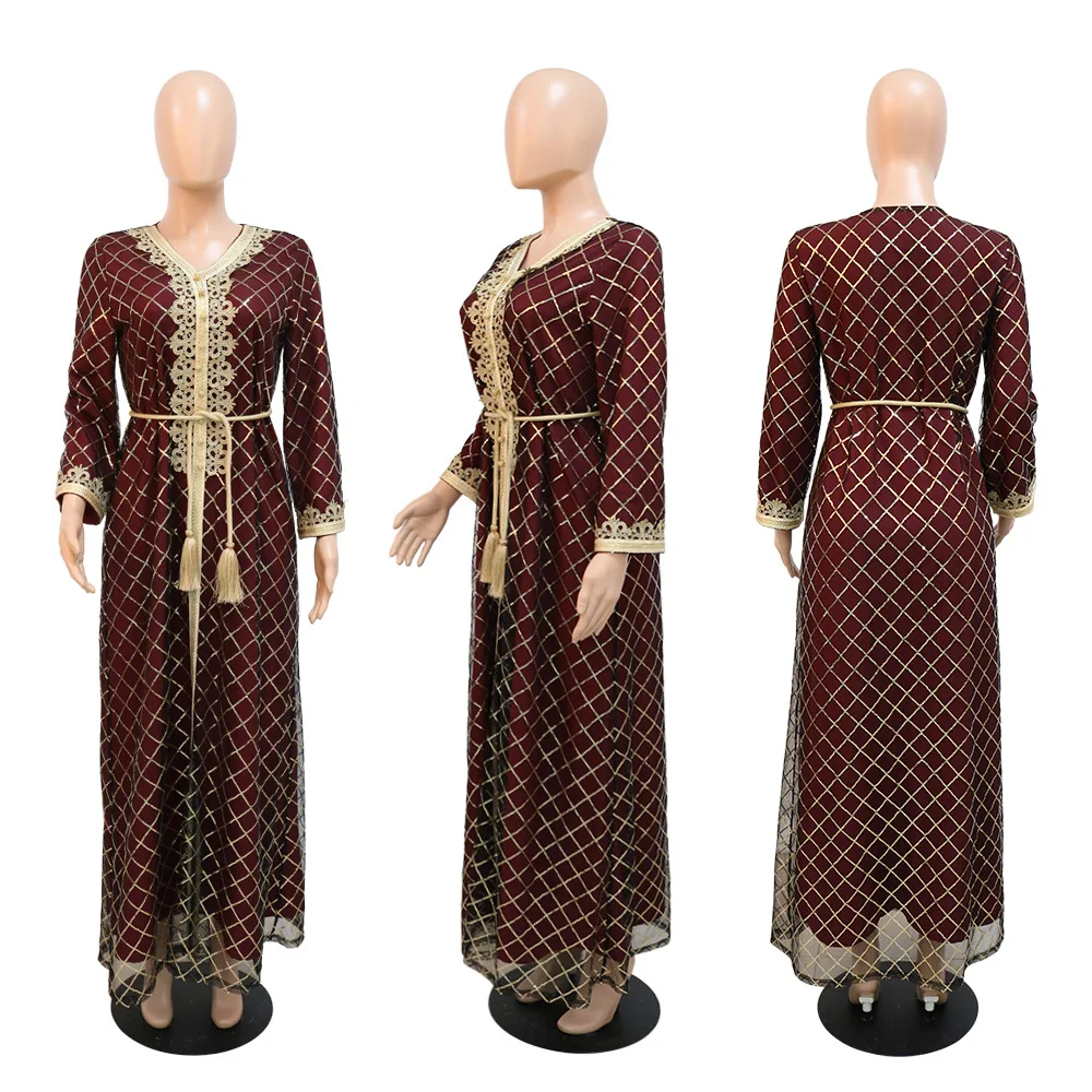 middle east muslim abaya plaid sequins sequin party dress skirt belted muslim