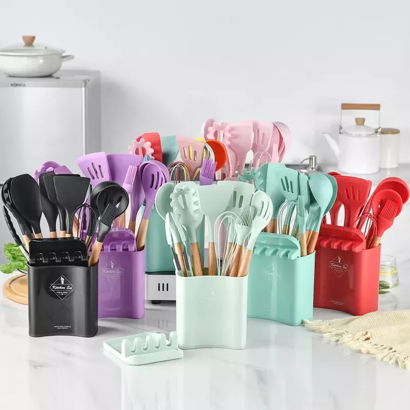 

13Pcs Silicone Cooking Utensils Set Barrel Flat Wooden Handle cookware Set Non Stick Cooking With Storage Kitchen Gadget Sets