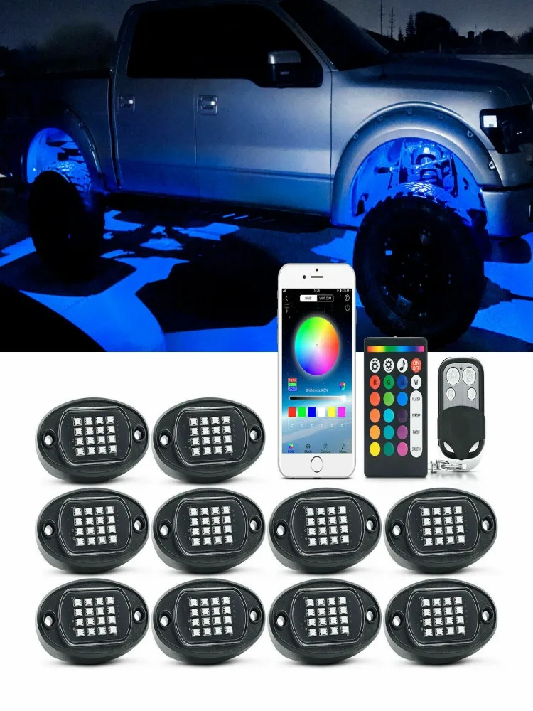 

Беспроводное приложение для прослушивания музыки в бездорожье с 10 подсветсветодиодный RGB LED Rock Lights