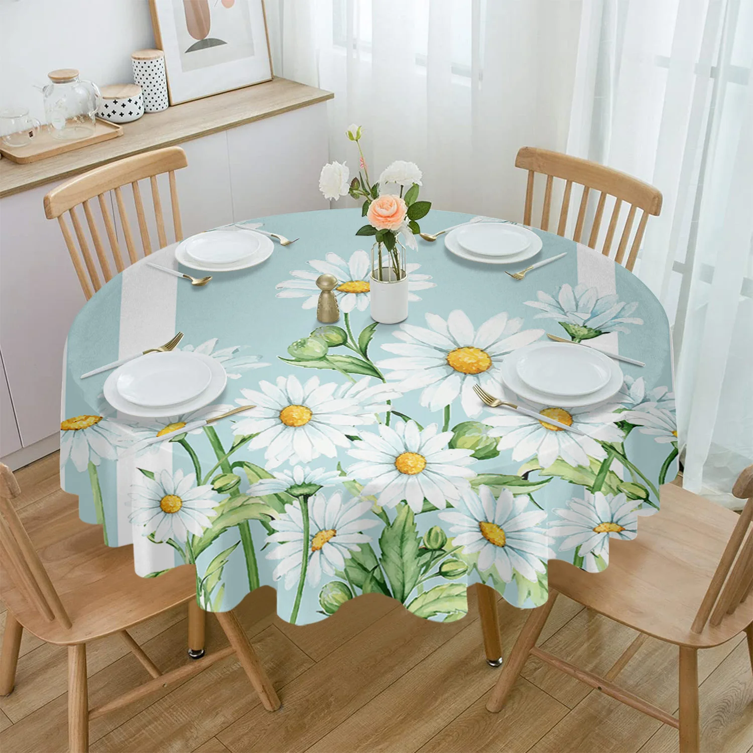

Flower Daisy Spring Summer Watercolor Waterproof Tablecloth Table Decoration Wedding Home Kitchen Dining Room Round Table Cover