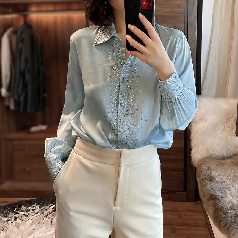 

Fashion trendy heavy blouse female 2022 spring new nail pearl hot drill drilling fashion fashion shirt versatile bottom blouse