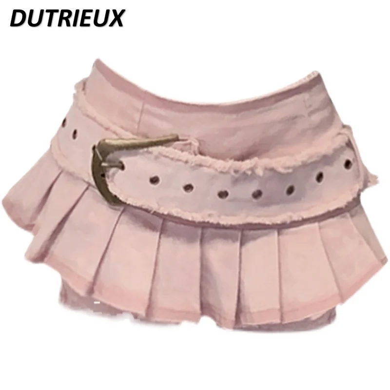 

Retro High Waist Slimming Denim Skirt Culottes Women Hot Girl Hip Ruffles Pleated Skirt Shorts 2023 Summer New Sweet Pink Skirts