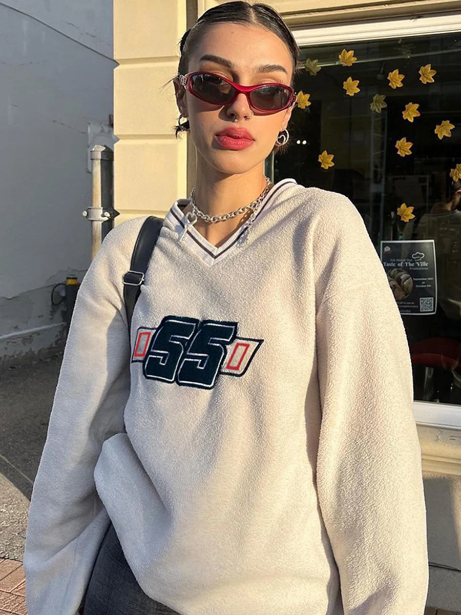 

Letter Print Streetwear Sweatshirts Women New Graphic V-Neck Loose Long Sleeve Hoodies Ladies Autumn Fashion Harajuku Pullover