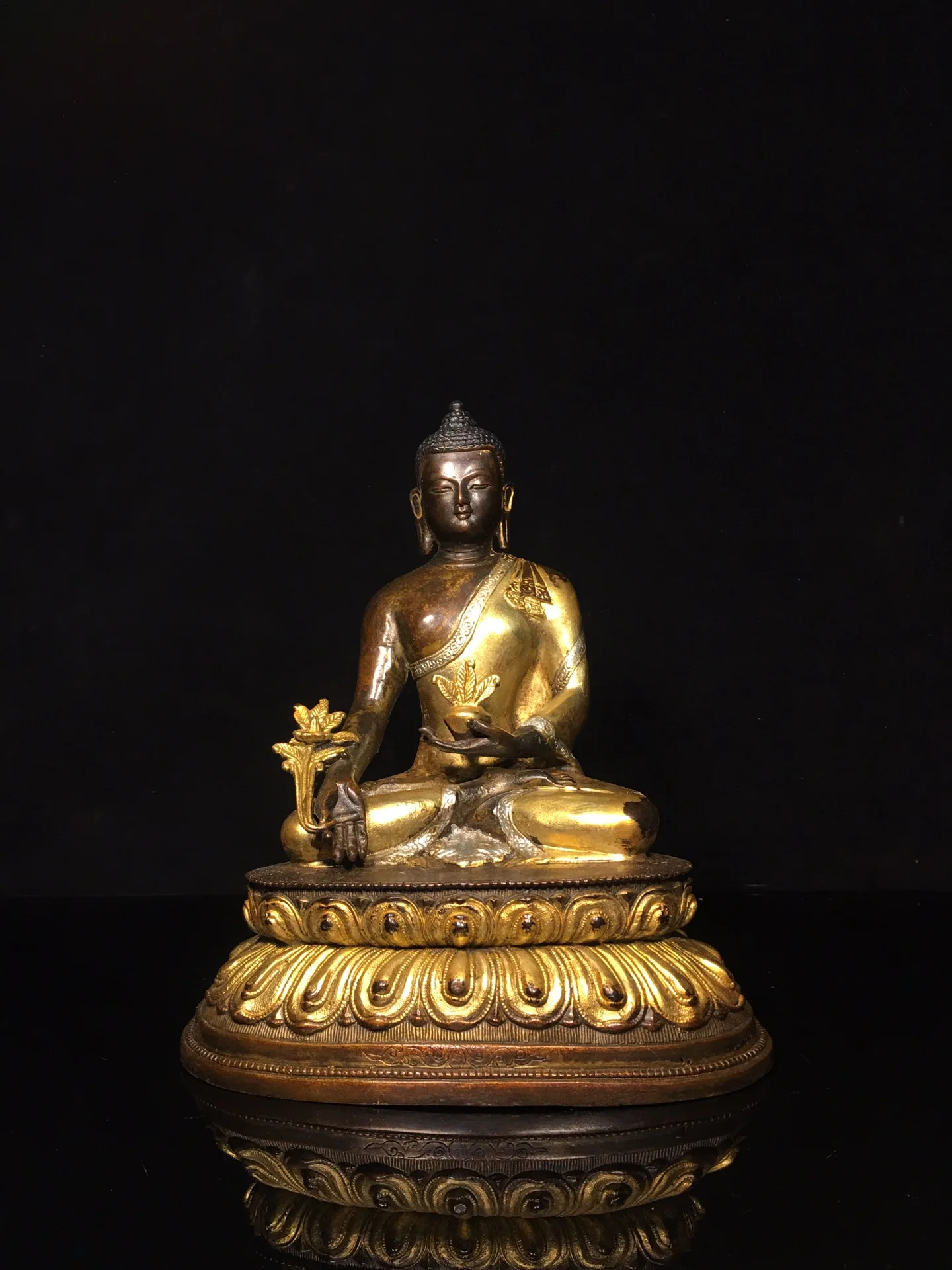 

9"Tibet Temple Collection Old Bronze Cinnabar Gilding Mud gold Medicine Buddha Double Lotus Platform Worship Hall Town house