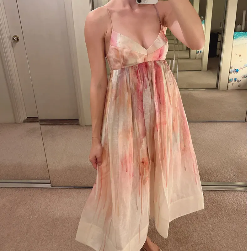 

Lady Silk + Linen Slip Dress High End Fashion Print Sexy Women Vocation Beach Dress