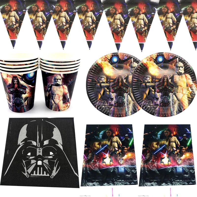 

Star Wars Theme Tablecloth Napkins Birthday Party Table Cover Flags Plates Cups Decora Boys Kids Favors Tableware Set 51pcs/lot