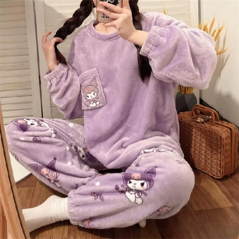 Sanrio аниме Hello Kitty Kawaii женские пижамы с круглым вырезом домашняя одежда фланелевые