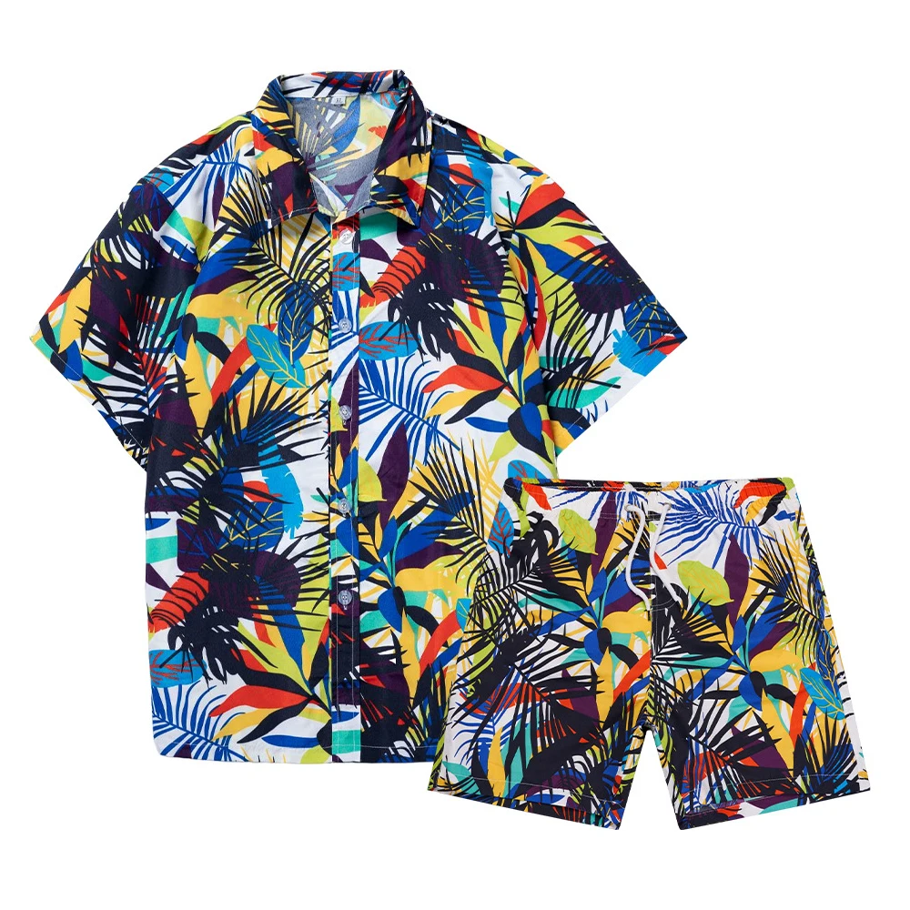 Men's Coconut Tree Print Casual Short-sleeved Shorts Suit Beach Vacation Hawaii Lapel Handsome Floral Shirt Two-piece Set Summer
