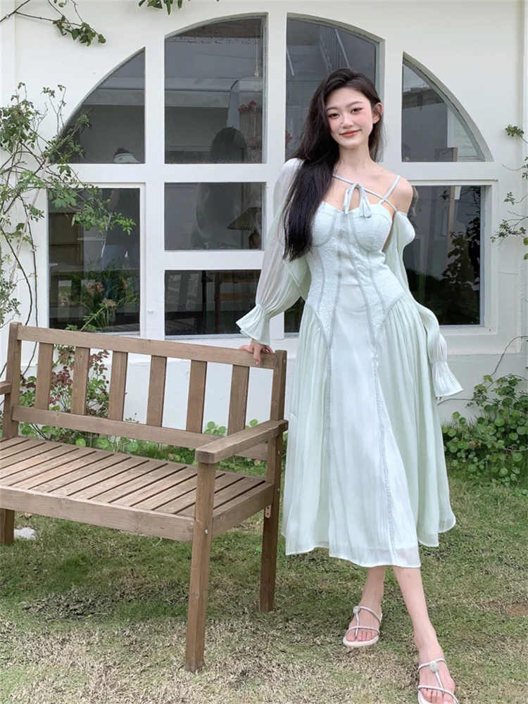 

Женское ТРАПЕЦИЕВИДНОЕ ПЛАТЬЕ С Рюшами Fishbone, зеленое летнее приталенное платье средней длины с высокой талией и V-образным вырезом