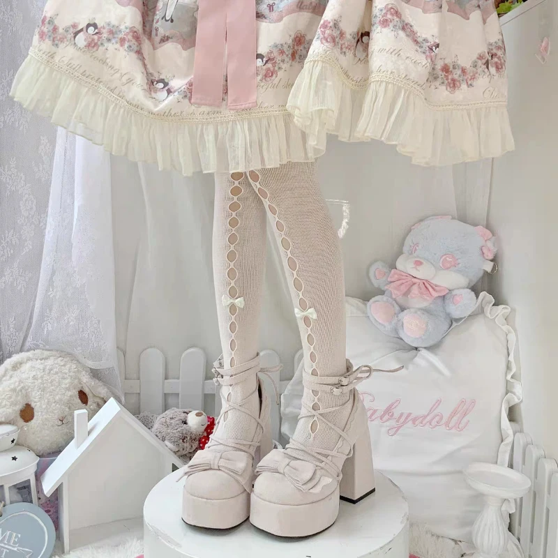 Platform Chunky Heel Lolita Mary Jane High Heels Women Brand Design Cross Tied Pink Bow Female Sweet Cosplay Pumps Party Prom