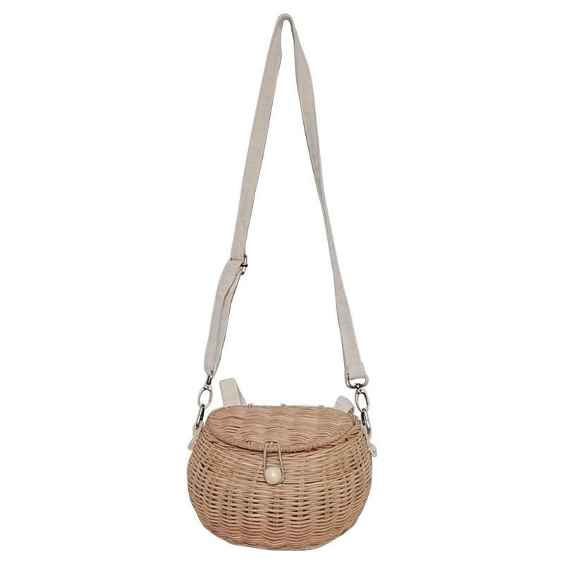 

Rattan Woven Crossbody Bag Storage Basket with Lid Snack Toy Container for Children Boys Girls Shoulder Bag Multipurpose