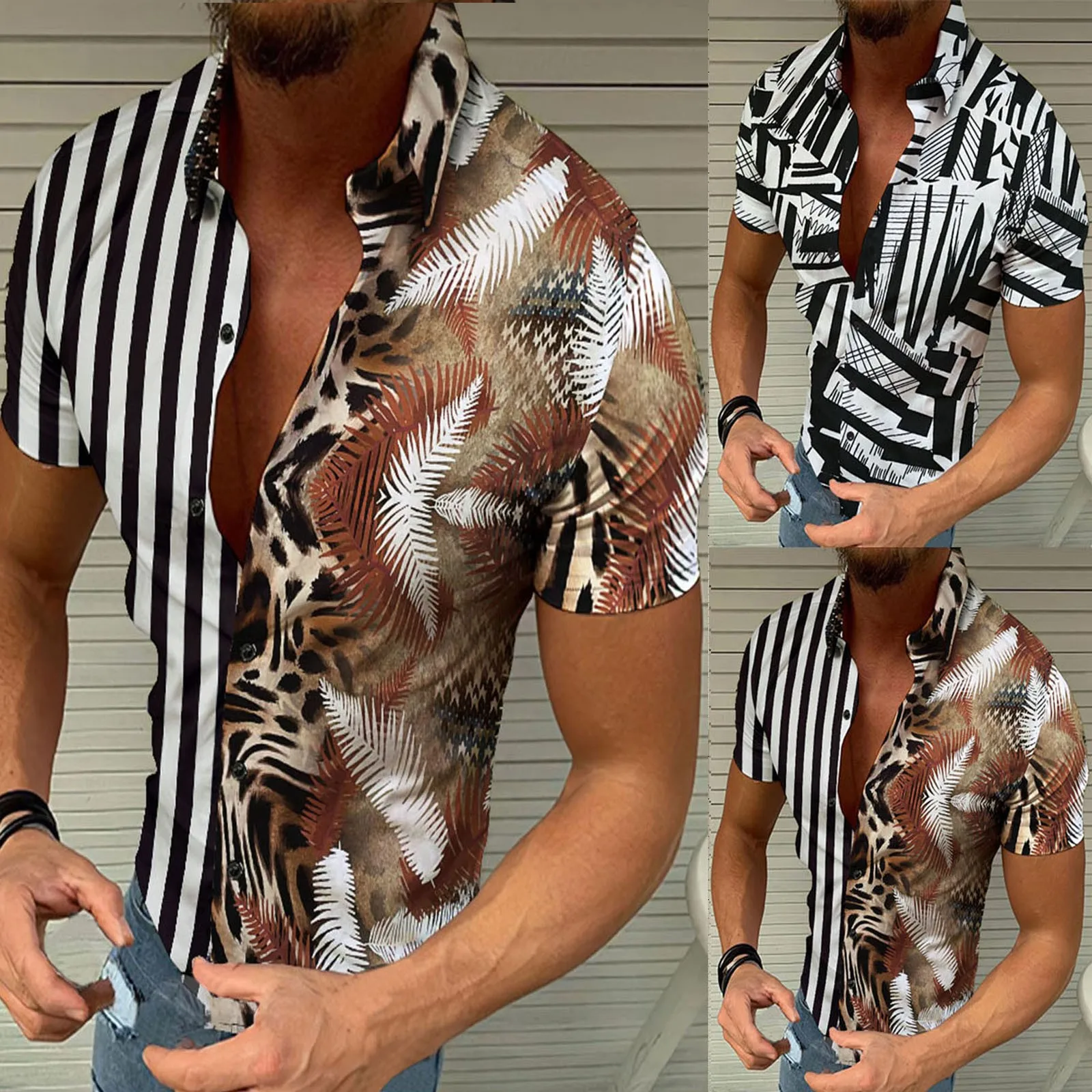 

Mens Polyester T Shirts Men Spring And Summer Casual Lapel Single Breasted Full Print Beach Shirt Mens Silk Tee Shirts Men