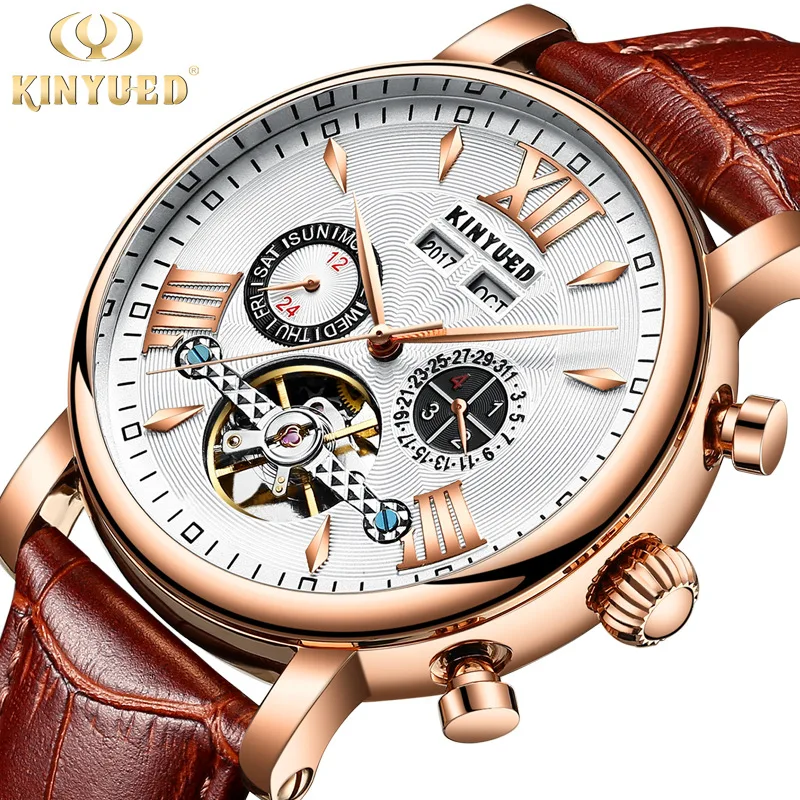 KINYUED automatic hollowed-out men's mechanical watch fashion leather waterproof men's watch precision production luxury watch