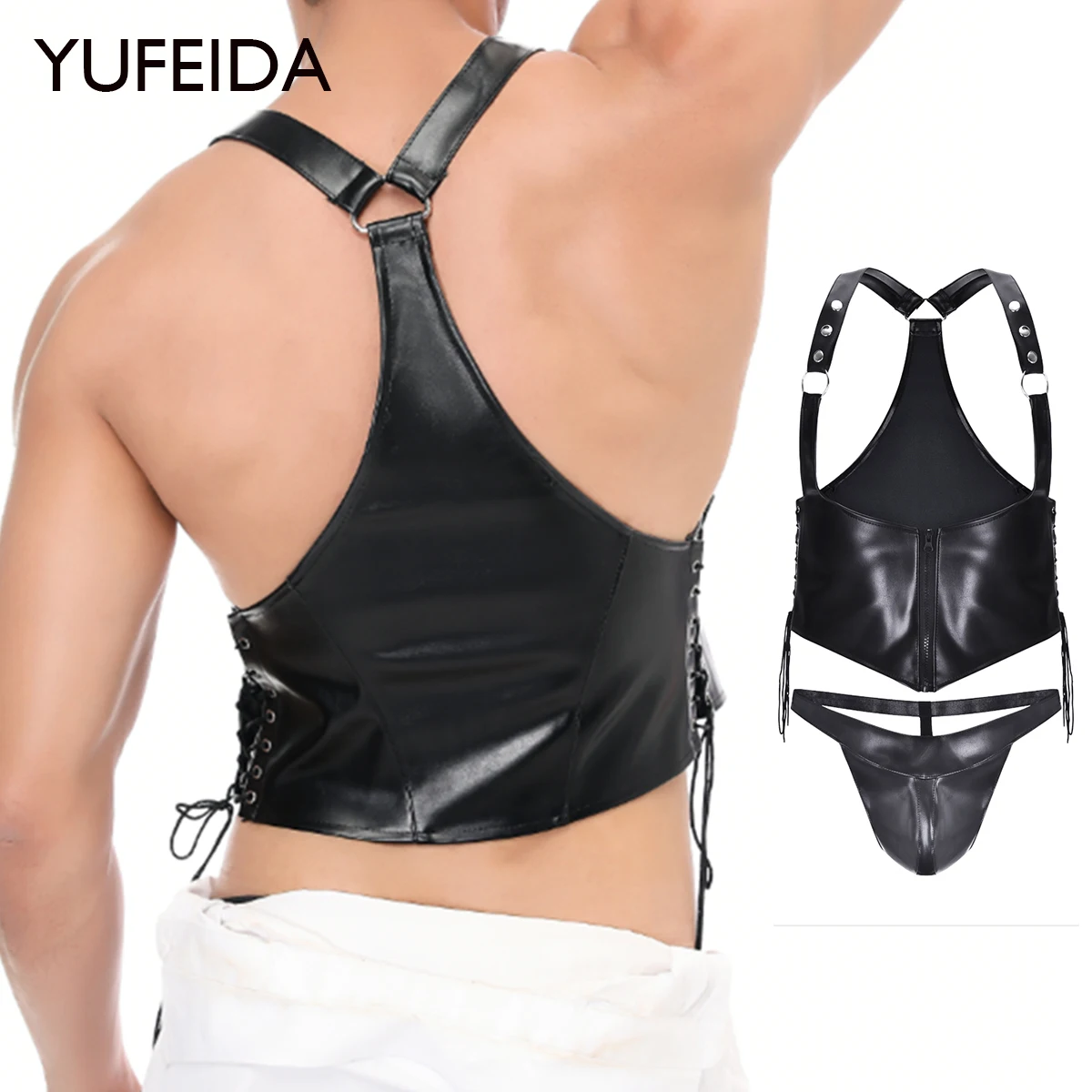 

YUFEIDA Sexy Mens PU Leather Strappy Vest Panty Sets Gay Sissy Fetish Catsuit Bodysuit Lingerie Exotic Party Nightclubs Costume