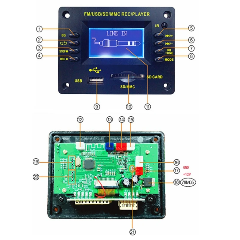 12 В MP3 декодер аудиоплата mp3-плеер Bluetooth 5 0 поддержка USB SD AUX FM EQ отображение текстов