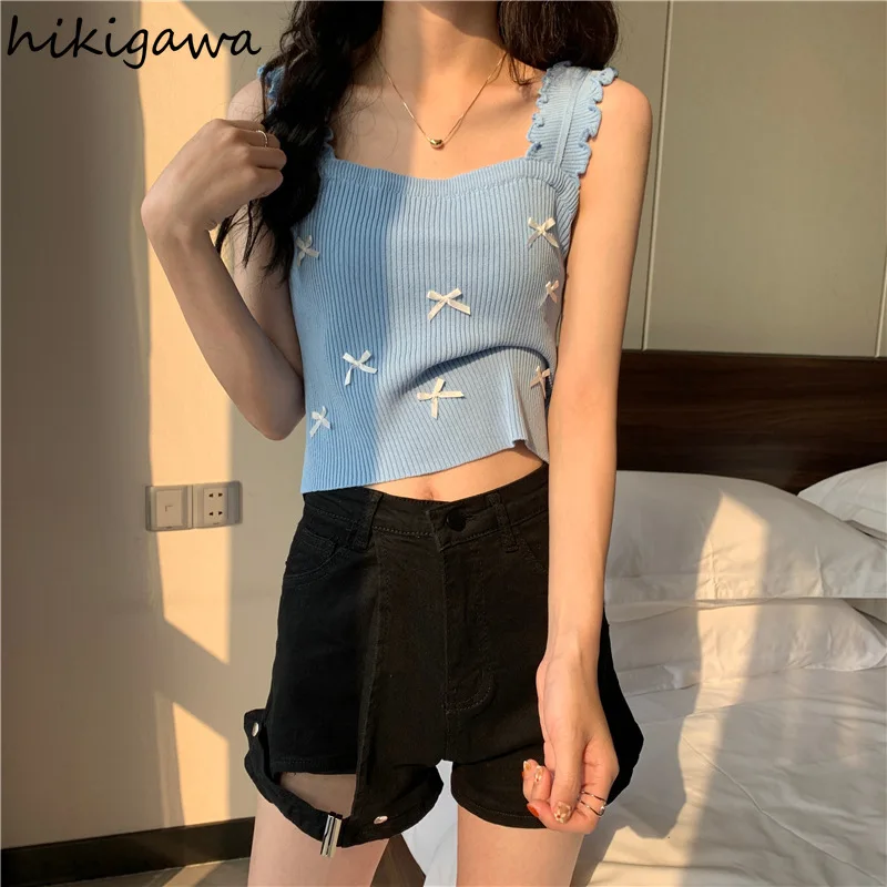 

Hikigawa Women Chic Fashion Design Bow Decomation Flounce Strape Camisole Knitting Tank Tops Casual Solid Streetwear Top