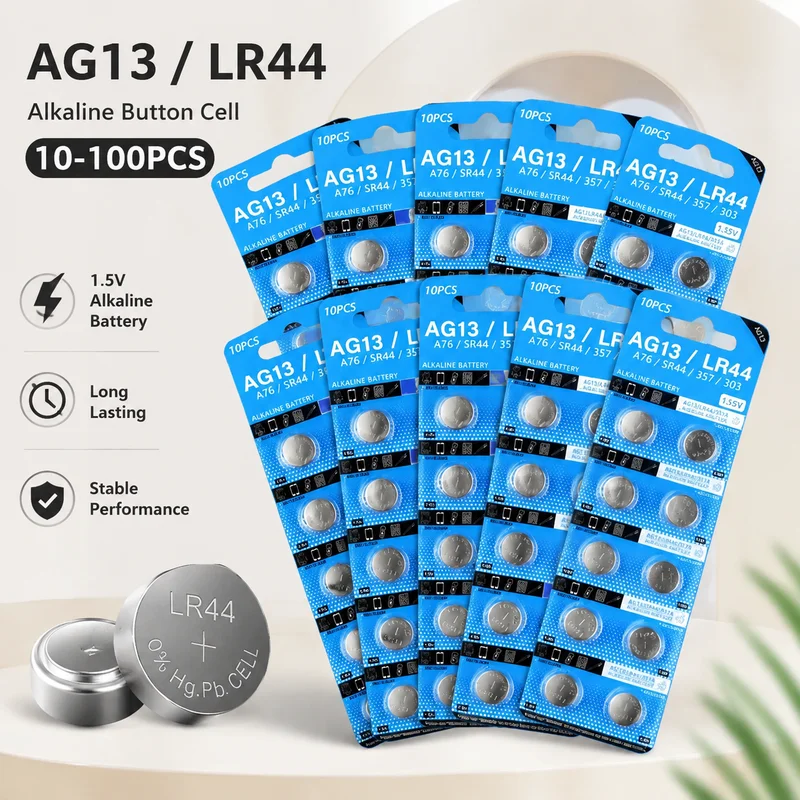 Фото Щелочная кнопочная батарейка AG13 LR44 1.5V 10-100 шт. L1154 SR44, замена для брелоков, термометров, материнских плат компьютеров №1