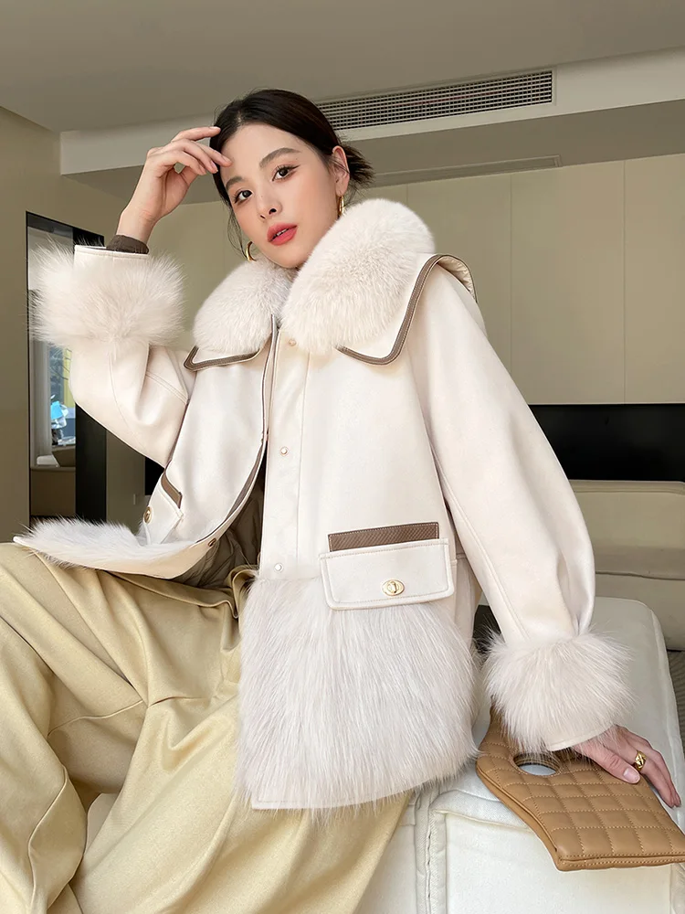 New Women Real Fur Coat Autumn Winter Fashion Casual Thick Warm Fox Fur Collar Double-faced Fur Suede Jacket Loose Outerwear