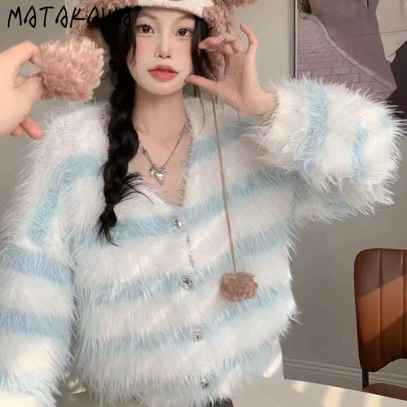 Осенне-зимние женские кардиганы Matakawa полосатые норковые кашемировые мягкие