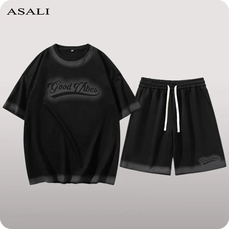 

Harajuku Summer Loose Sets For Men Tshirts Shorts Outdoor Casual Tracksuit O-Neck Letter Printed Tops Sportswear Male Clothing