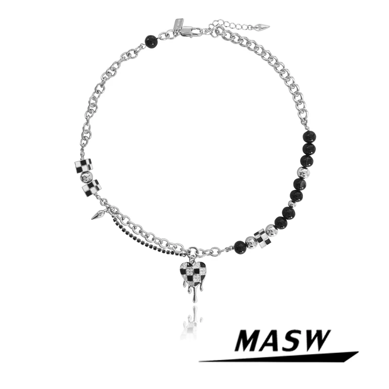 

MASW Trendy Jewelry One Row Black Beads Necklace 2022 New Trend Luxury Chain Heart Pendant Necklace For Women Lady Gifts