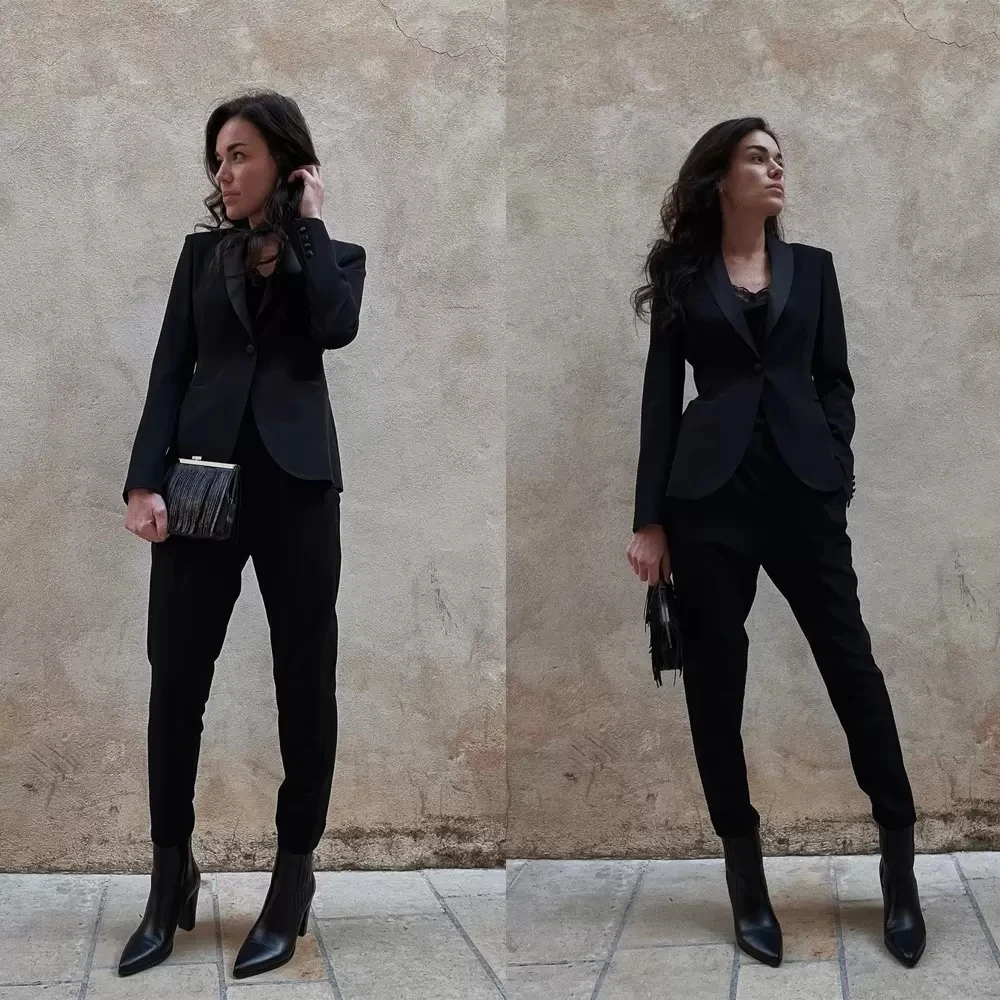 Office Women Black Blazer Street Power Suits Slim Fit Pencil Pants Evening Party Outfit Wedding Wear 2 Pieces