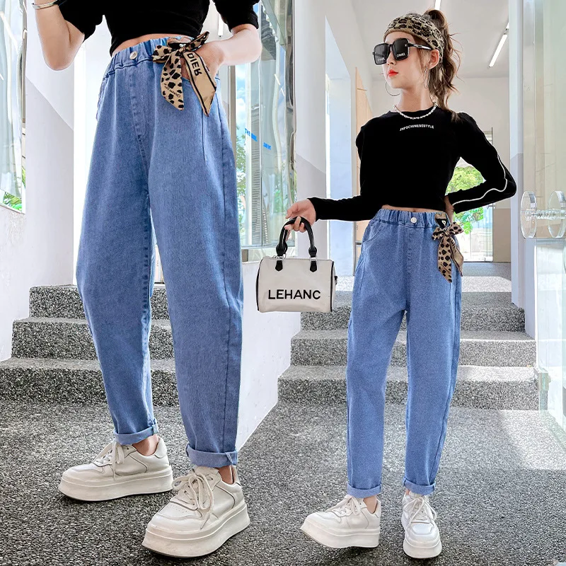 

Cute Bow Jeans for Girls Spring Autumn 2022 New Elastic Waist Kids Pants Teen Denim Trousers Casual Style Children's Clothes