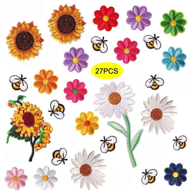 

27PCS Embroidered Flowers Bee Patch Sew on / Iron on Cute Bumble Sunflower Daisy Appliques for Clothing Bags Jackets Jeans DIY