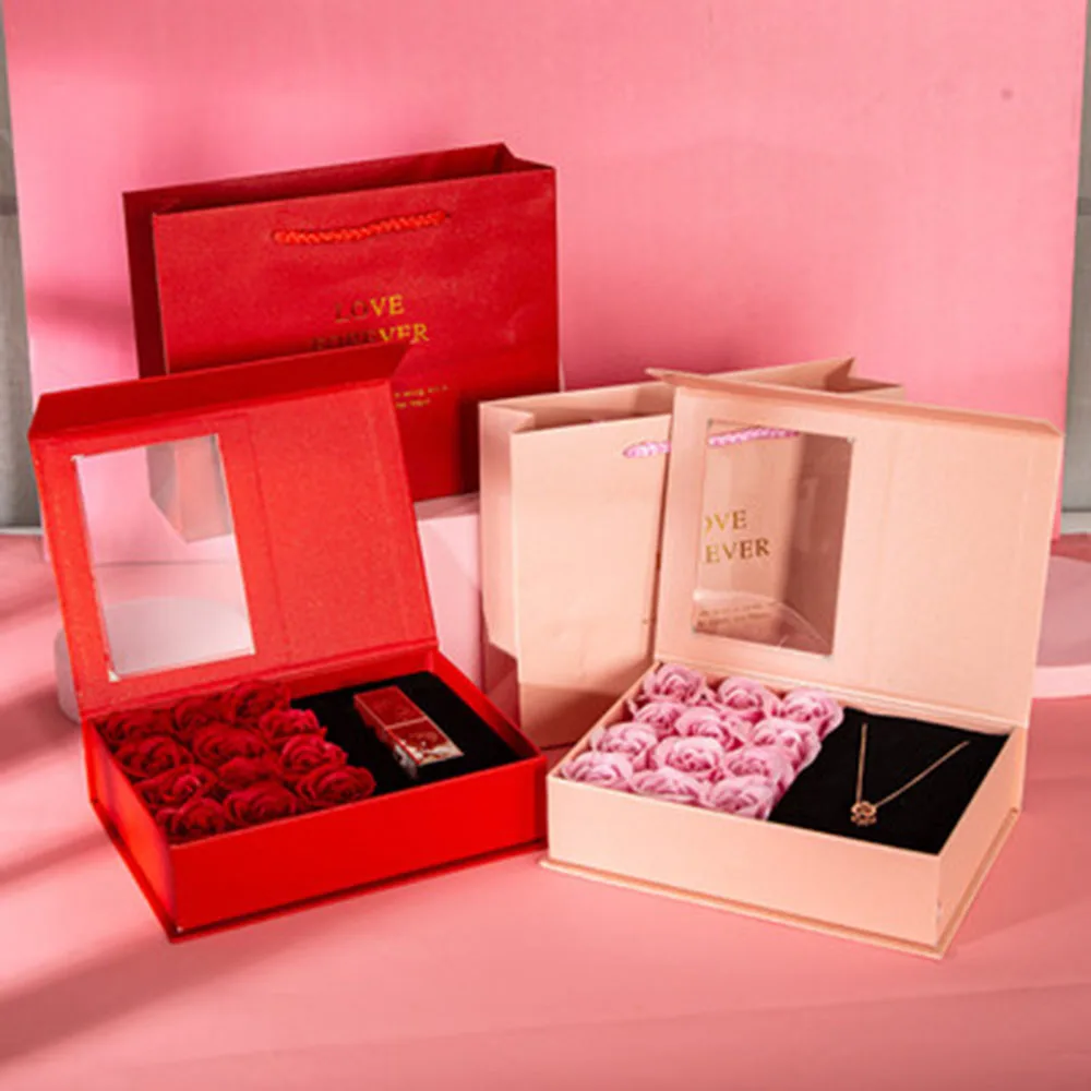 

Exquisite Jewelry Gift Box Eternal Rose Soap Flower Wedding Ring Earrings Necklace Jewelry Valentine's Day Packaging Gifts Box