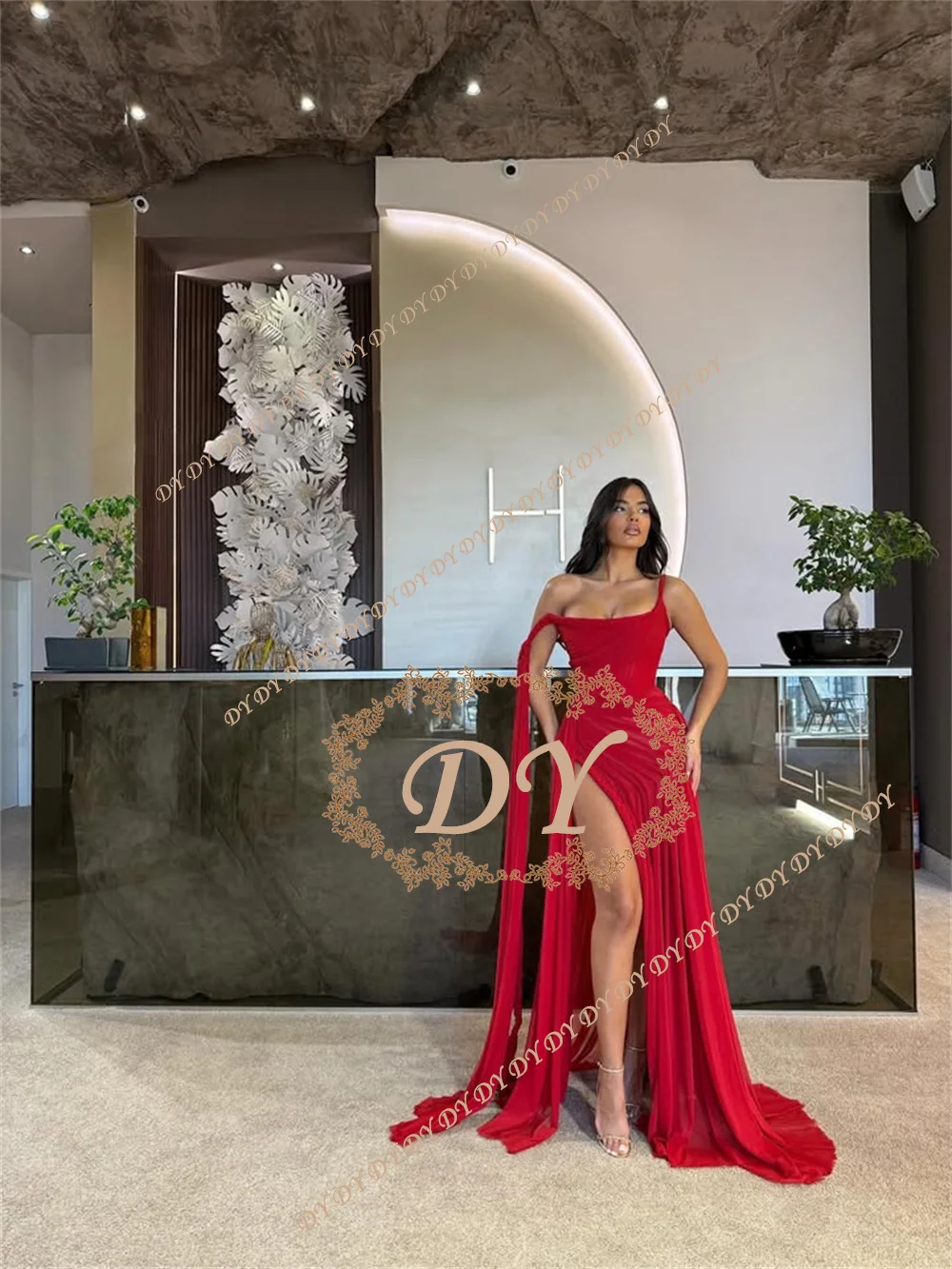 Фото Вечернее платье DY Modest Satin A-Line для женщин, на одно плечо, с плиссировкой, для выпускного вечера, с корсетной спинкой, на заказ №4