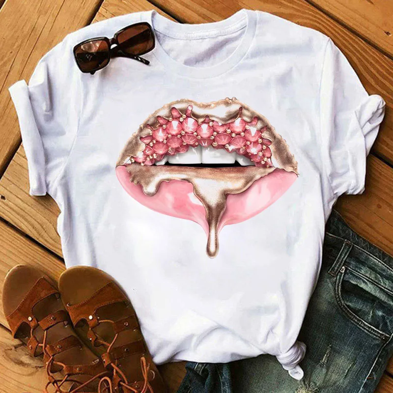 

Women T Shirt Fashion Makeup Black Lips In Diamonds Drip Graphic Tee Shirt Summer Women Tee Aesthetic White Female T-shirt Tops